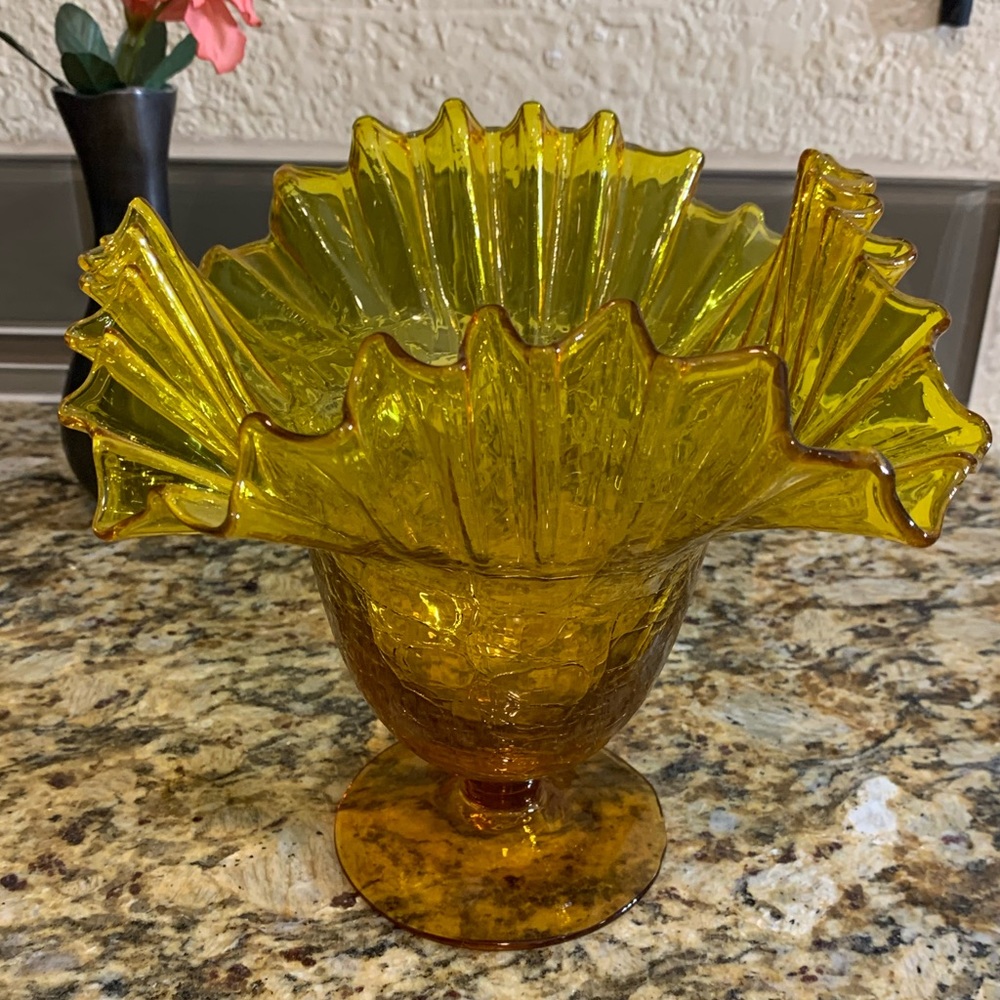 Vintage Yellow CRACKLE GLASS COMPOTE VASE RUFFLED